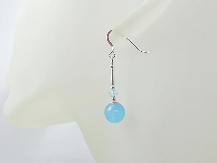 Aquamarine Blue Jade Earrings With Sparkly Crystals & Sterling Silver Tubes