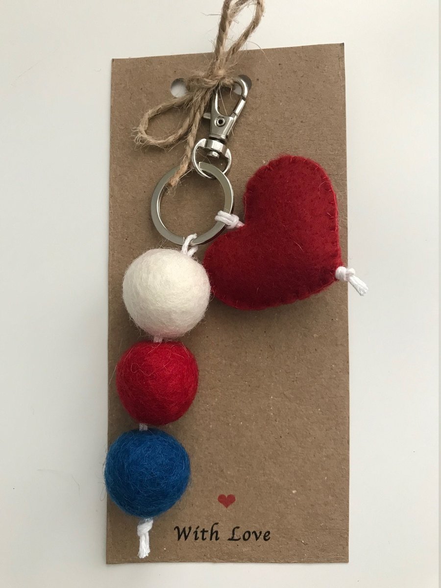 Valentine's Day Key Ring, Valentines Gift, Stocking Filler, Pom Pom Bag Charm