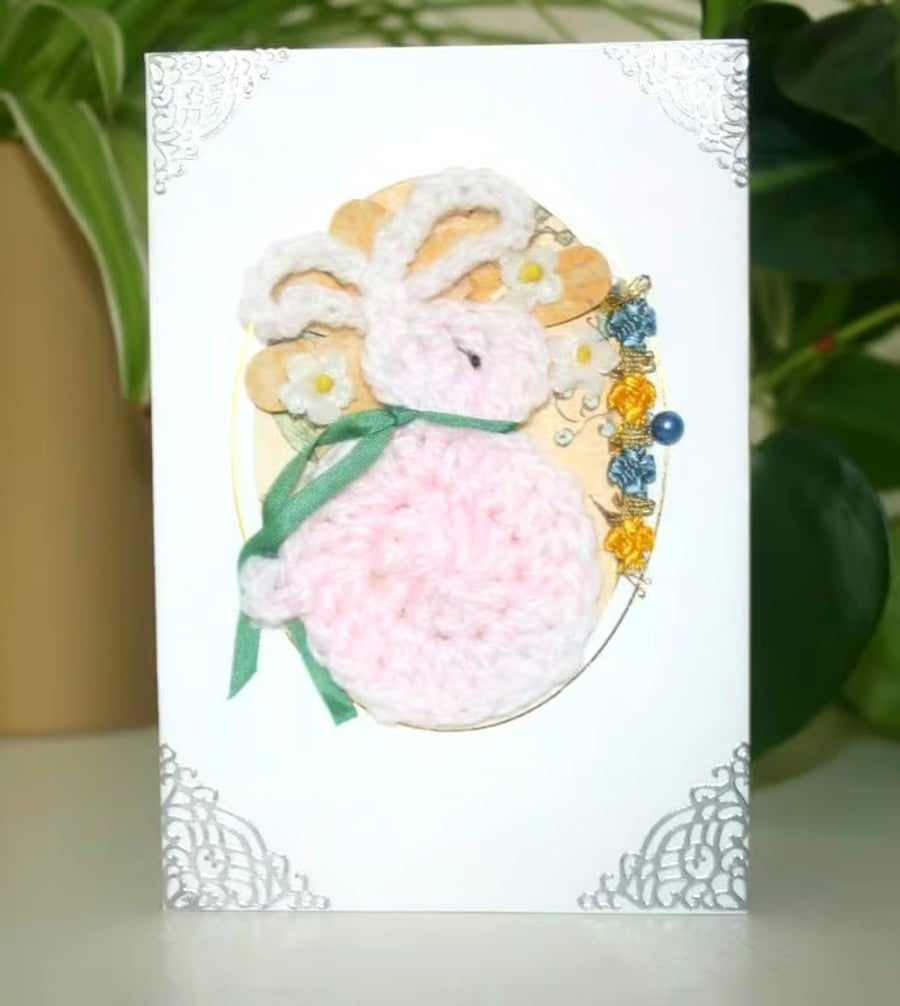 Pretty Rabbit Aperture Card  -  Cosy Crochet Rabbit Card -  Treasured Keepsake