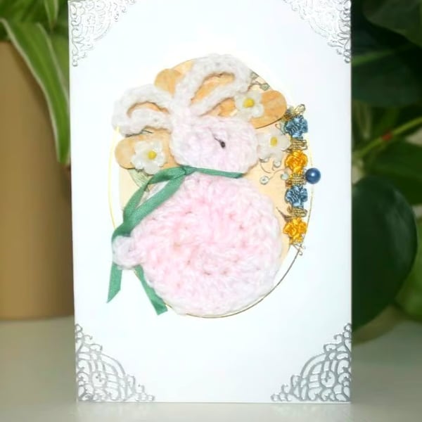 Pretty Rabbit Aperture Card  -  Cosy Crochet Rabbit Card -  Treasured Keepsake