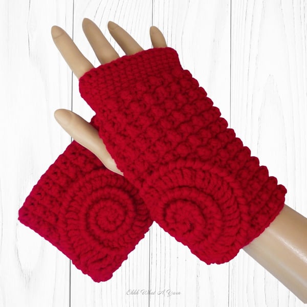 Crochet gloves. Red ammonite ladies crochet gloves, fingerless gloves.  