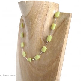 Yellow Olive Jade Faceted Oblongs & Sterling Silver Tubes Necklace