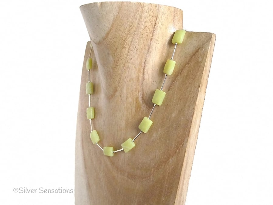Lemon Yellow Olive Jade Faceted Oblongs & Sterling Silver Tubes Necklace