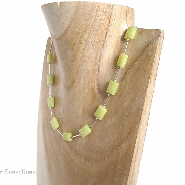 Lemon Yellow Olive Jade Faceted Oblongs & Sterling Silver Tubes Necklace
