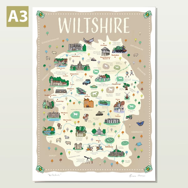 Wiltshire map poster A3