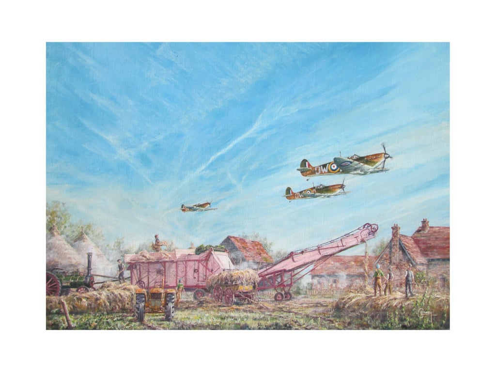 Nostalgic Spitfire Aviation Art Card- Vintage Harvest Scene- 7x5 Blank Inside