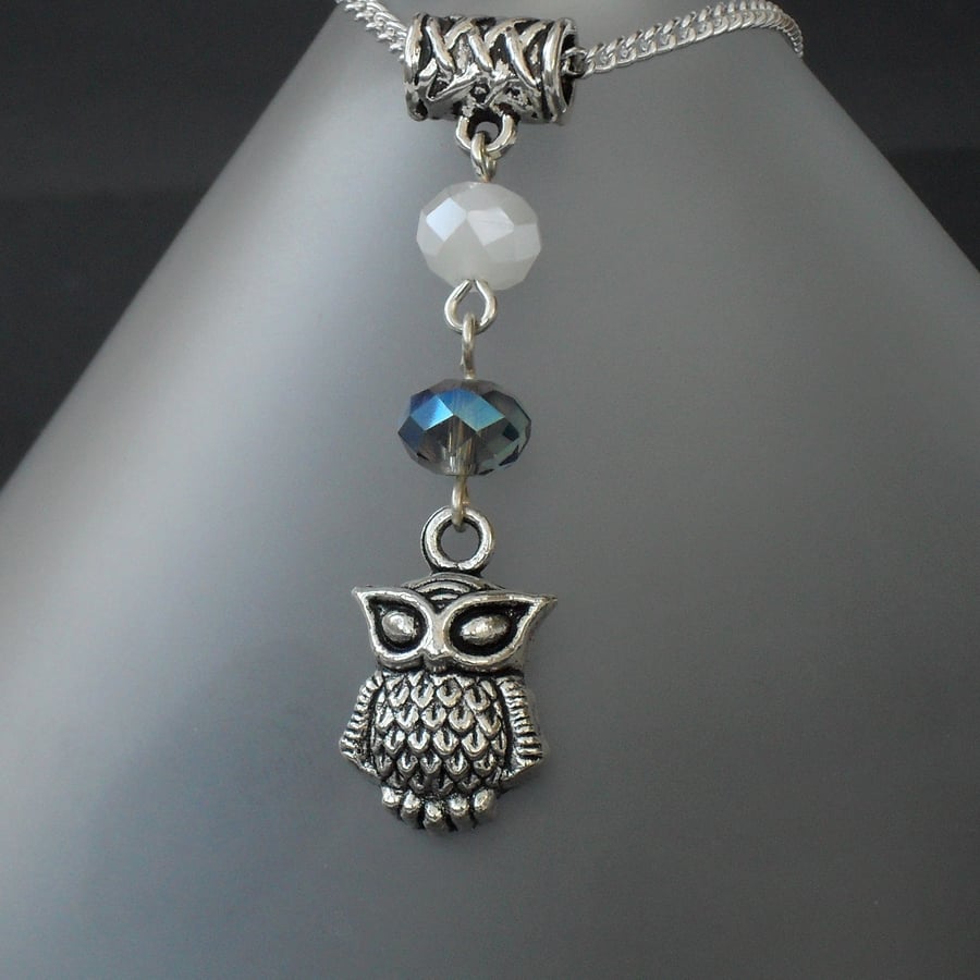 Owl necklace, with blue and white crystals