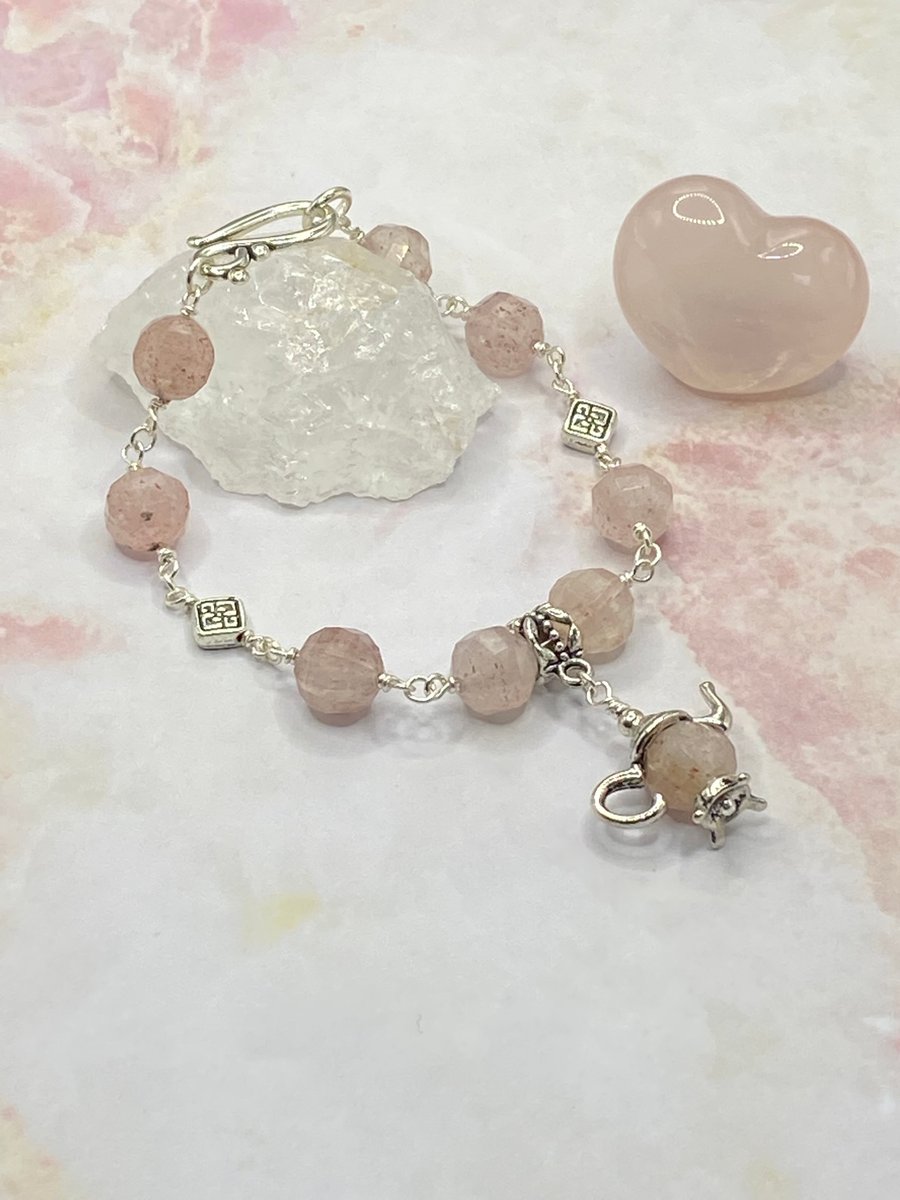 Strawberry quartz stone bracelet with silver teapot charm