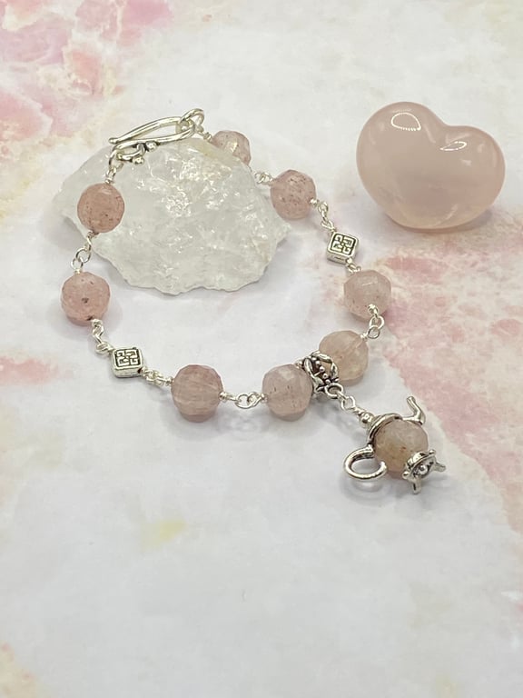 Strawberry quartz stone bracelet with silver teapot charm