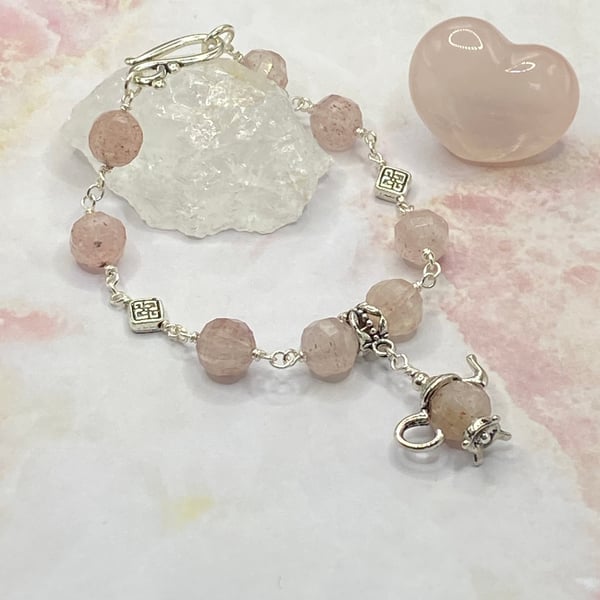 Strawberry quartz stone bracelet with silver teapot charm