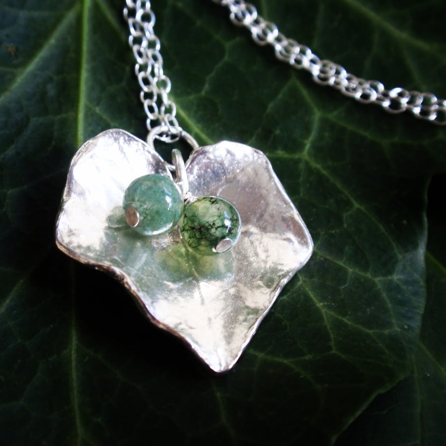 Sterling silver ivy necklace with green moss agate, silver leaf necklace