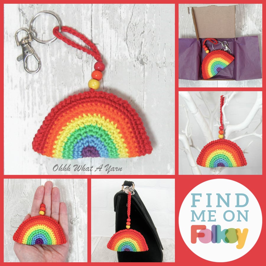 Crochet rainbow, rainbow bag charm, crochet hanging decoration, key ring. 