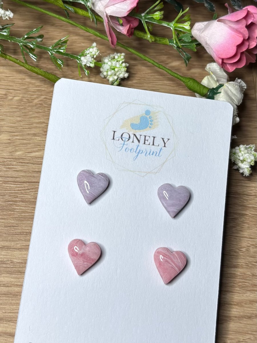 Lilac and Pink Heart Polymer Clay Studs - Lightweight 