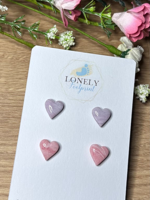 Lilac and Pink Heart Polymer Clay Studs - Lightweight 
