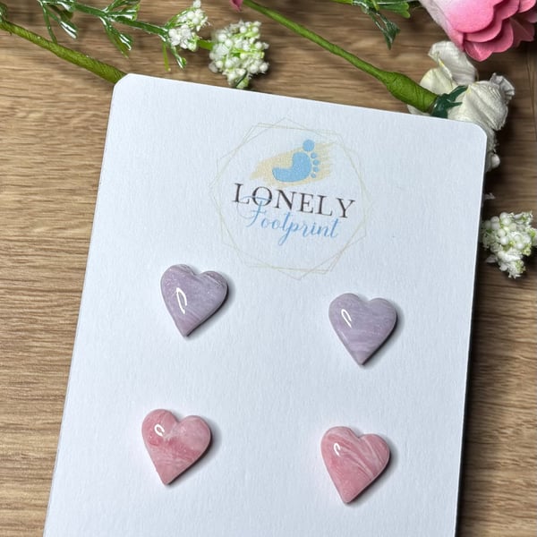 Lilac and Pink Heart Polymer Clay Studs - Lightweight 