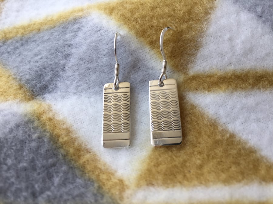 Oblong, silver, engine turned pattern earrings