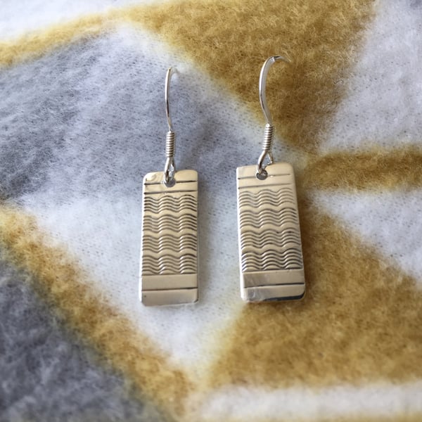 Oblong, silver, engine turned pattern earrings