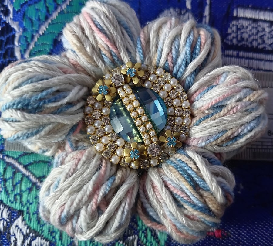 Vibrant Pretty Crochet Flower Brooch Pale Blue Mix