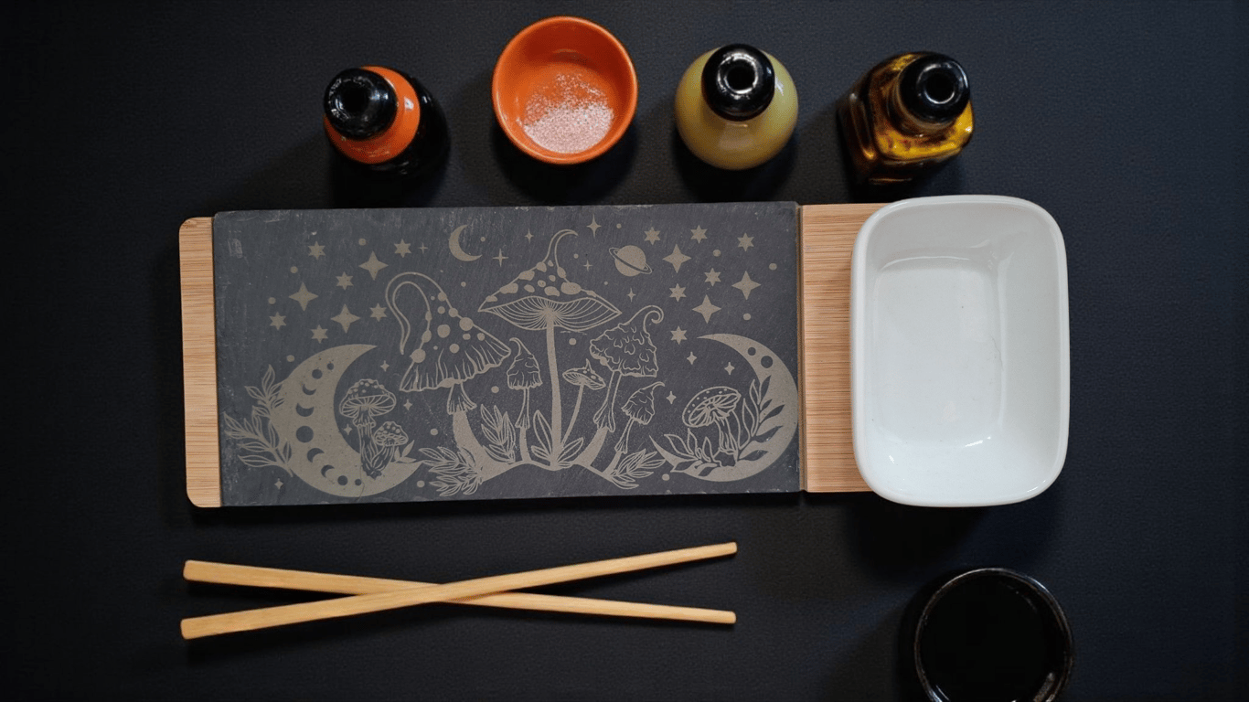 Laser Engraved Slate Sushi Tray Set with Porcelain Bowl & Bamboo, 3pcs Serving B