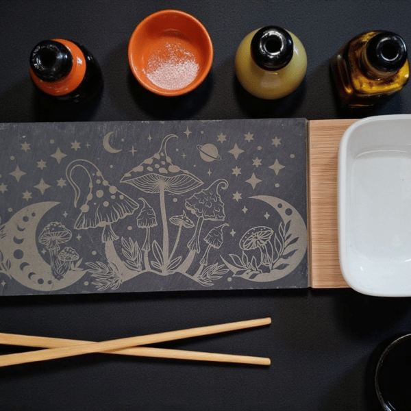 Laser Engraved Slate Sushi Tray Set with Porcelain Bowl & Bamboo, 3pcs Serving B