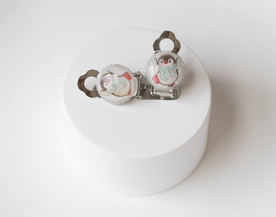 Cute christmas ornament clip on earrings Little girl gift Penguin resin jewelry 