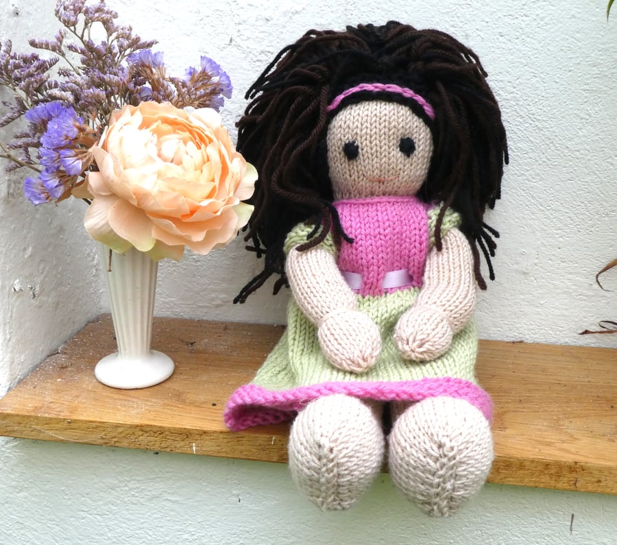 Doll.12" Hand Knitted Doll Brown Hair Doll Handmade in Wool with Removable Dress