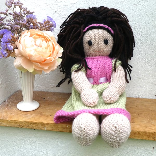 Doll.12" Hand Knitted Doll Brown Hair Doll Handmade in Wool with Removable Dress