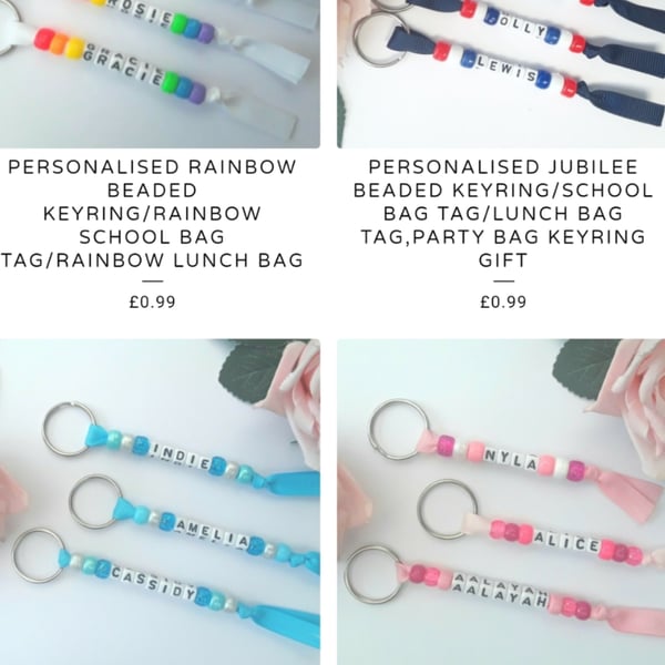 Personalised Rainbow Beaded Keyring,Rainbow School Bag Tag,Rainbow Lunch bag