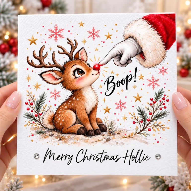 Personalised Christmas Card, Cute Reindeer Card, Rudolph Christmas Card