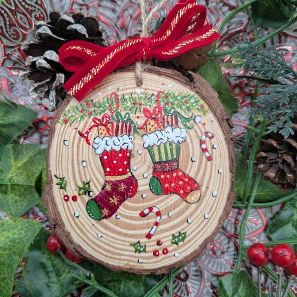 Christmas stocking hand-painted log slice Christmas decoration 