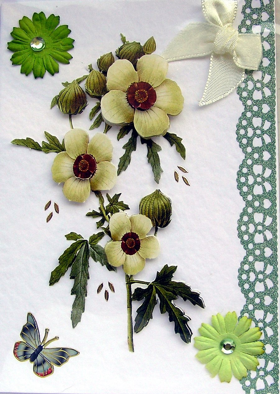 White Flower Hand Crafted 3D Decoupage Card - Blank for any Occasion (2435)