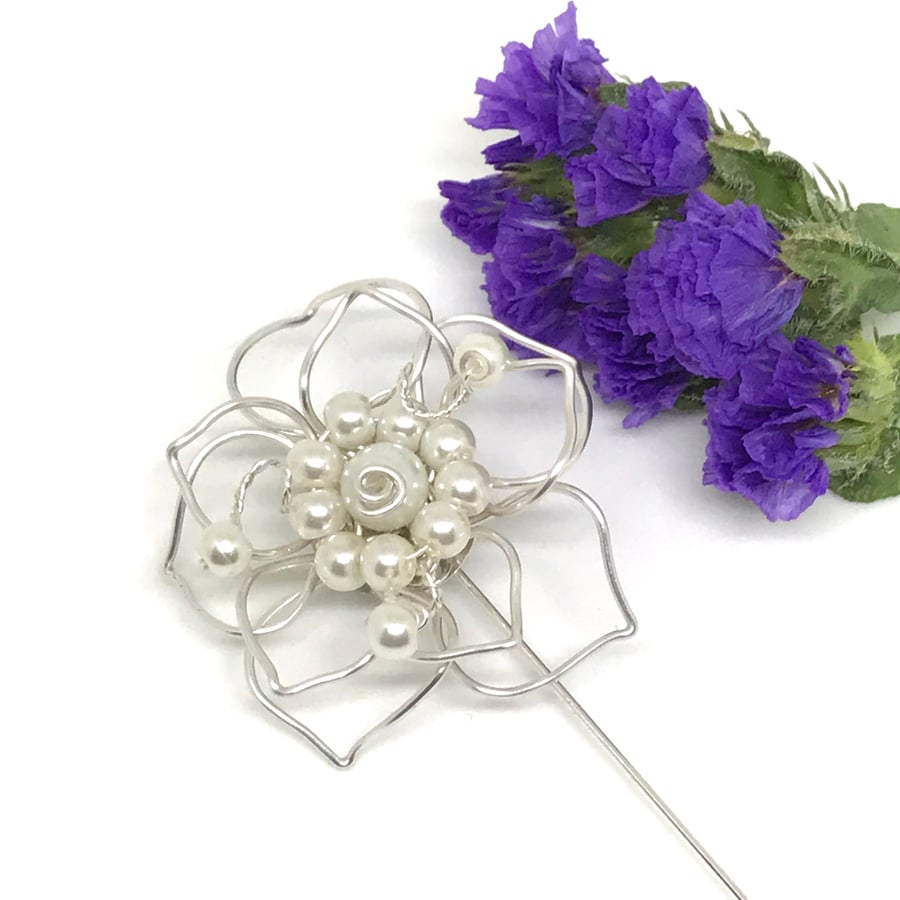 Pearl Flower Lapel Pin,  Silver Plated, Gift For Her