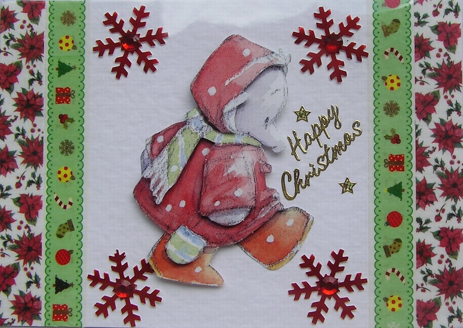 Hand Crafted Decoupage Chistmas Card - Happy Christmas (2986) - Cute Elephant