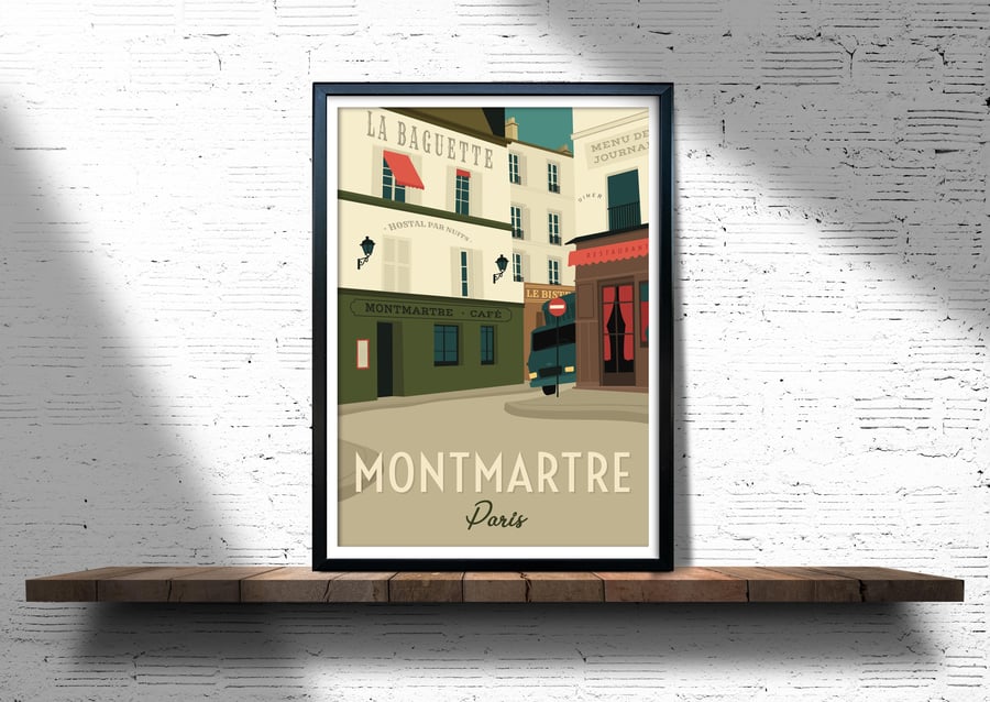 Montmartre retro travel poster, Paris city print, Paris travel poster