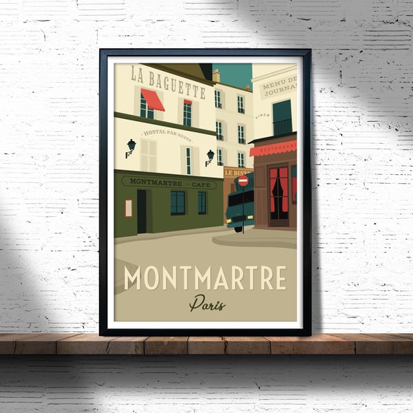 Montmartre retro travel poster, Paris city print, Paris travel poster