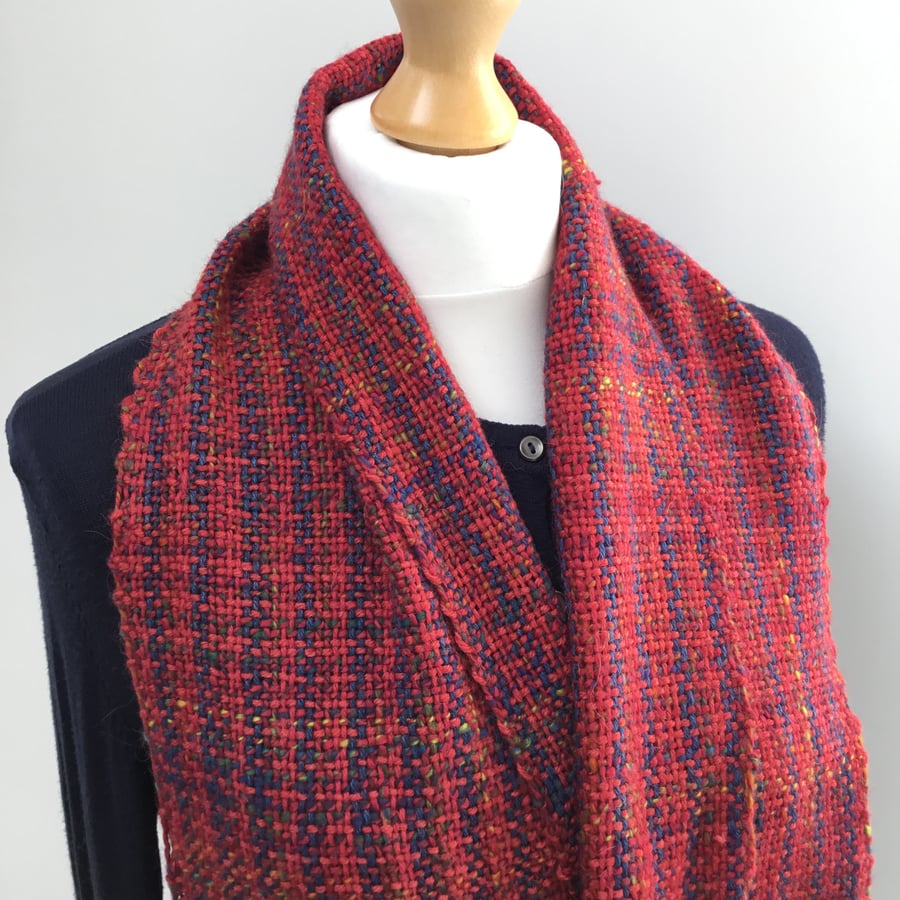 Luxury handwoven red scarf - woven with handspun merino, silk and bamboo