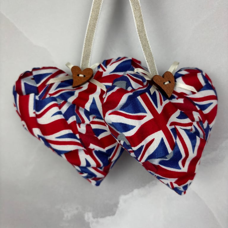 Handmade Union Jacks hanging fabric hearts set of 2