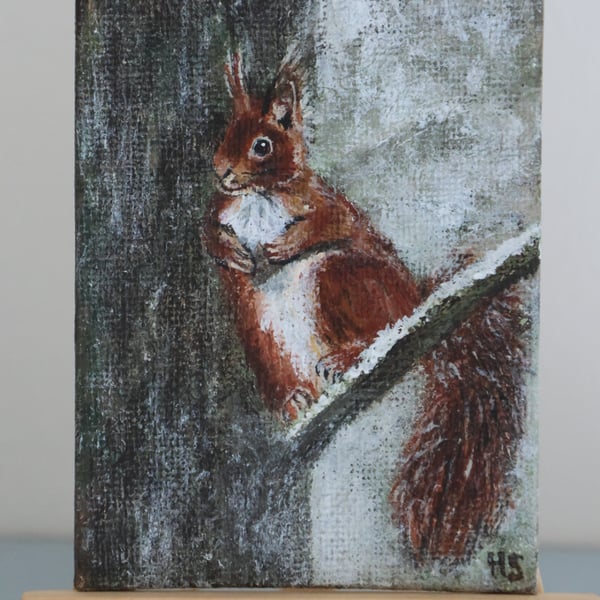Winter Red Squirrel Acrylic Mini Original Painting