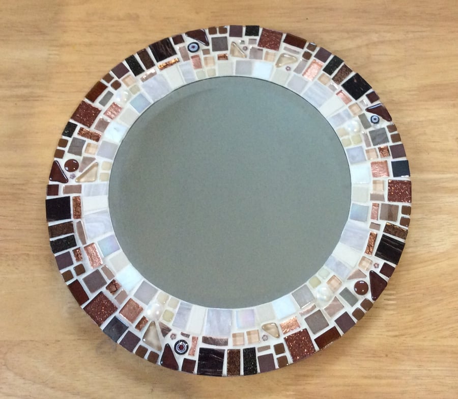 Round Mosaic Wall Mirror in shades of Brown, Copper & Ivory 30cm Bathroom