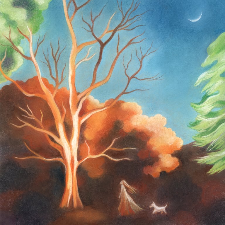 Kindred Spirits card: Kew Gardens, mystical Winter Tree, scottie dog, woman art 