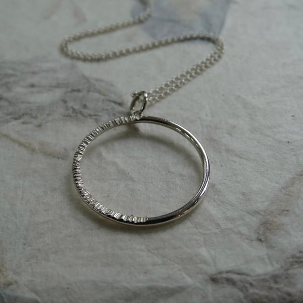 Silver hoop pendant - Equinox - Textured silver ring - recycled sterling silver