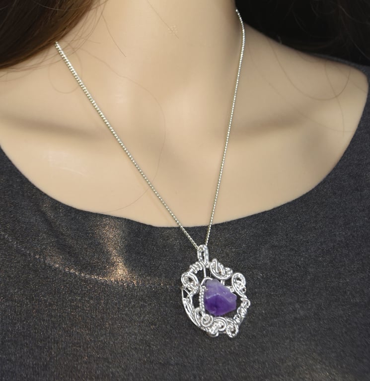 Amethyst pendant, rococo style pendant, wire wrapped amethyst