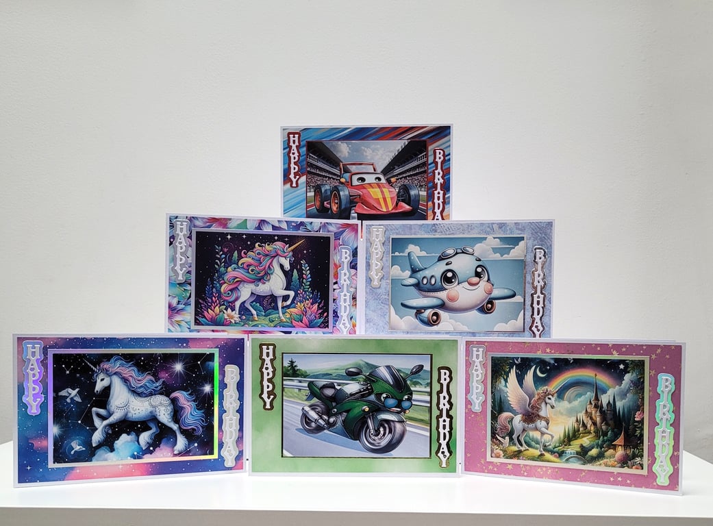 Set of 6 Children's Birthday Cards - Vehicles and Unicorns - Unisex Kids Cards 