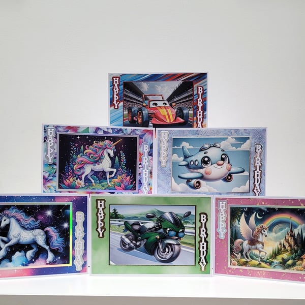 Set of 6 Children's Birthday Cards - Vehicles and Unicorns - Unisex Kids Cards 