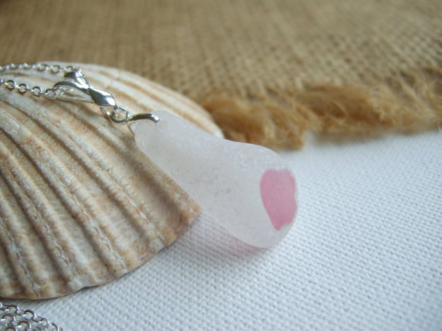 Pink and white sea glass pendant on sterling bail, pink flash sea glass necklace