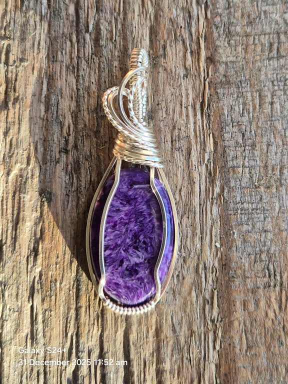 Wire wrapped Charoite pendant necklace 