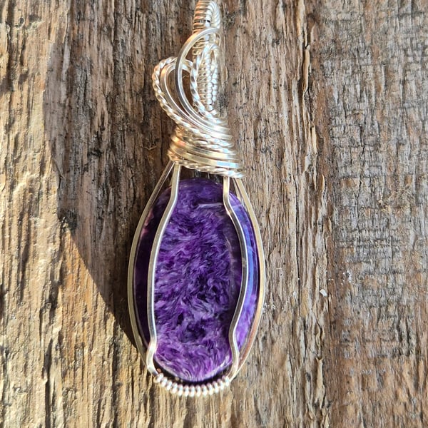 Wire wrapped Charoite pendant necklace 