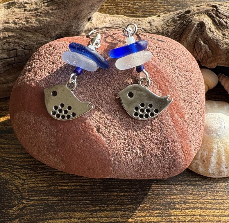 Sea glass little bird earrings 