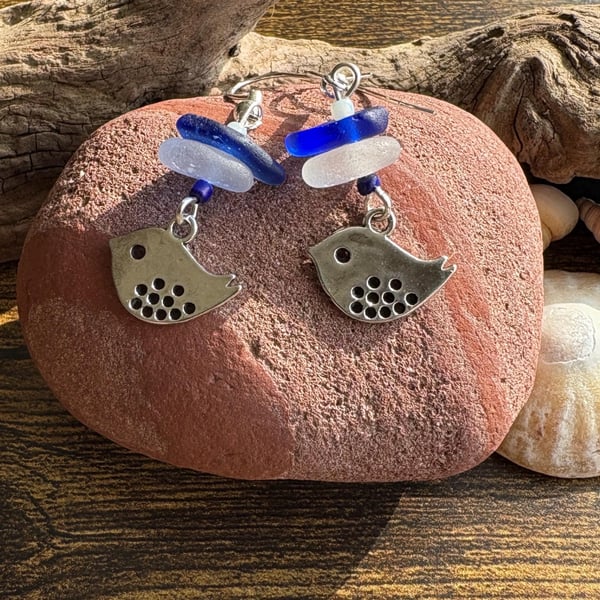 Sea glass little bird earrings 