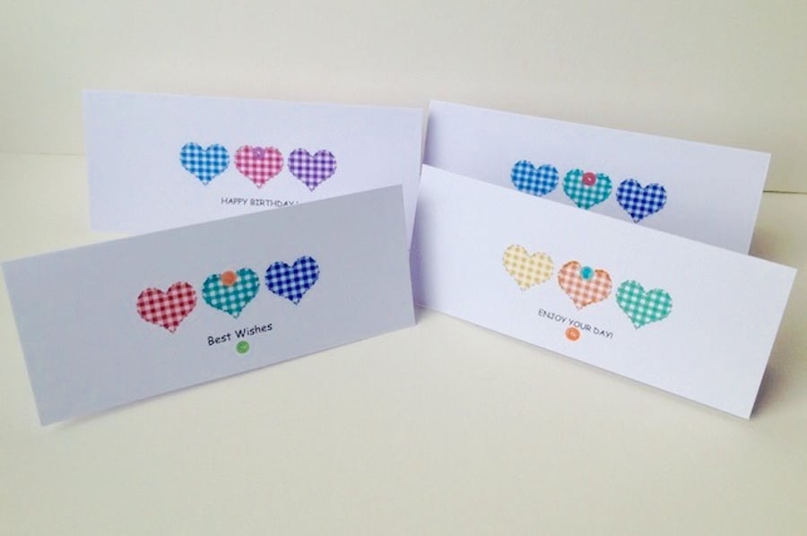 Birthday Cards Pk of Four,'Gingham Hearts'Design,Various Birthday Sentiments